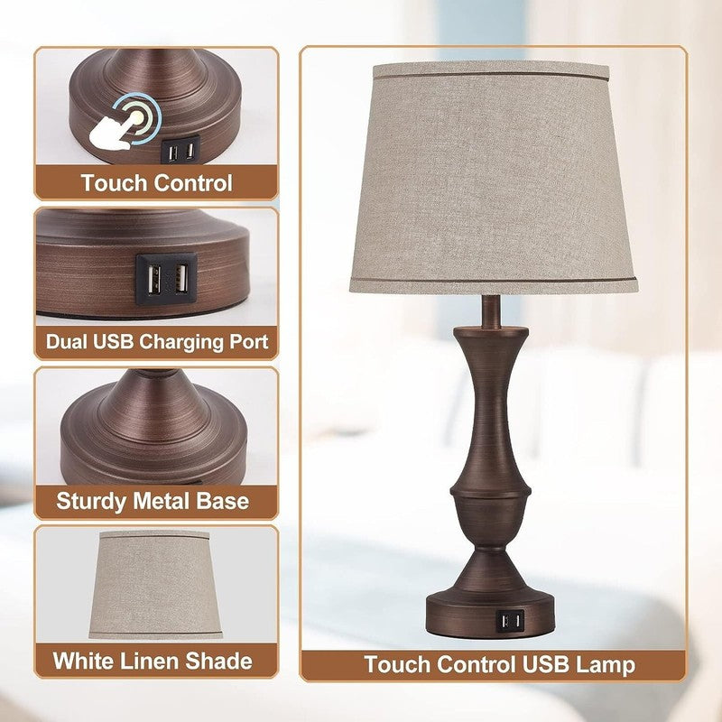 Set of 2 Touch Table Lamps w/ USB 3 Way Dimmable Nightstand Lamps Bulbs Included1