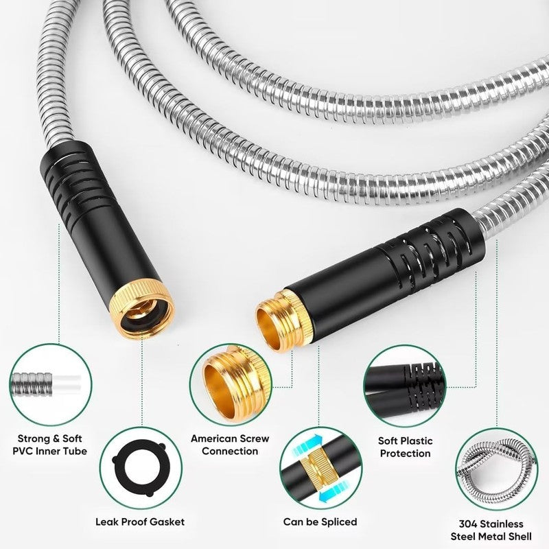 50Ft Heavy Duty Stainless Steel Garden Hose with 10 Nozzles, No Kink5