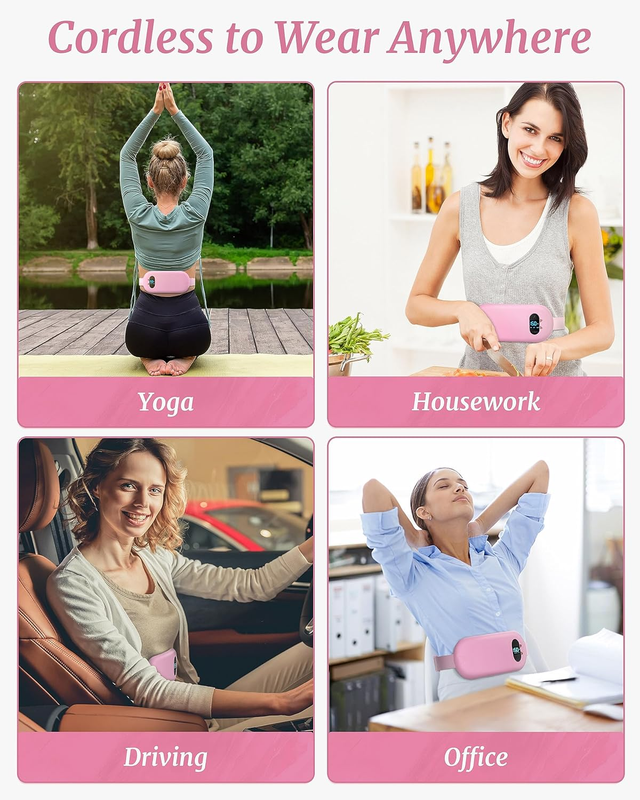 Portable Cordless Heating Pad Back Pain Belt 6 Heat Vibrating Modes Pink2