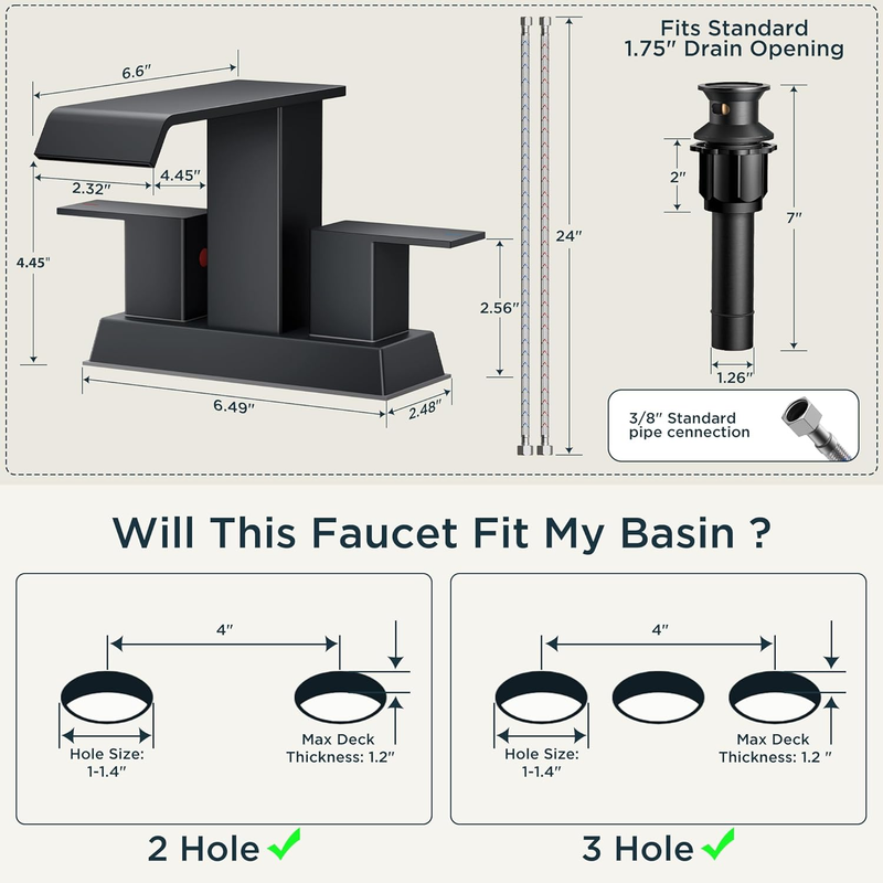 Square Waterfall Matte Black Bathroom Faucets 3 or 2 Hole for 4 Inch Centerset S5