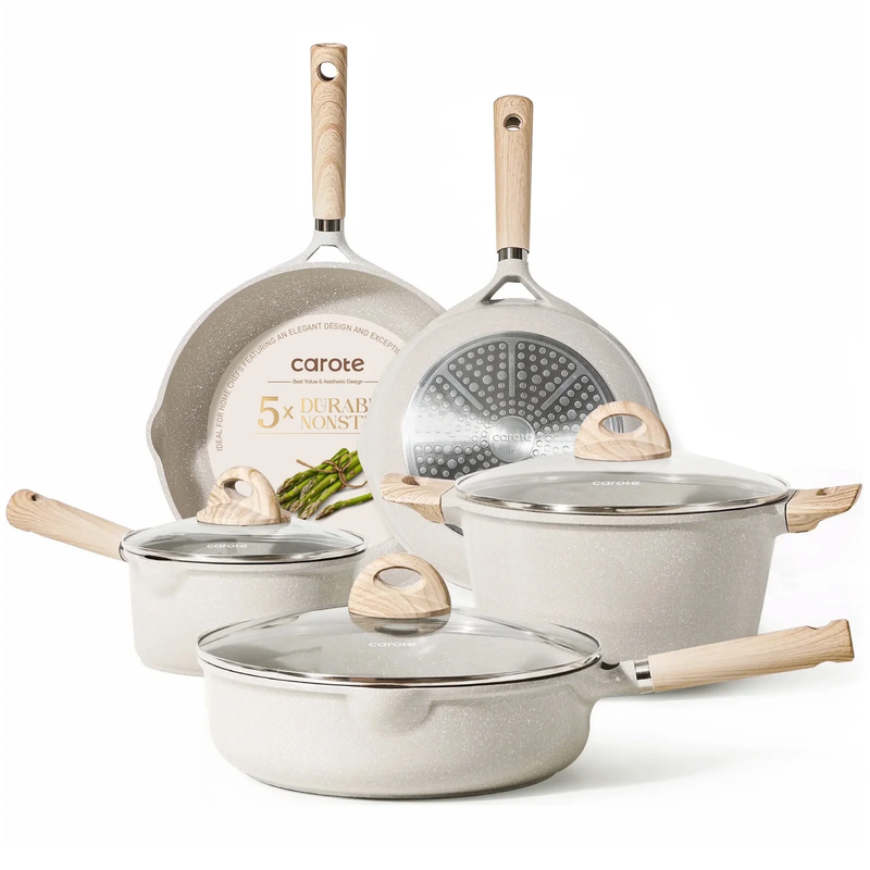 8pc Nonstick Cookware Set Pots Pans Induction RV Camping Beige9