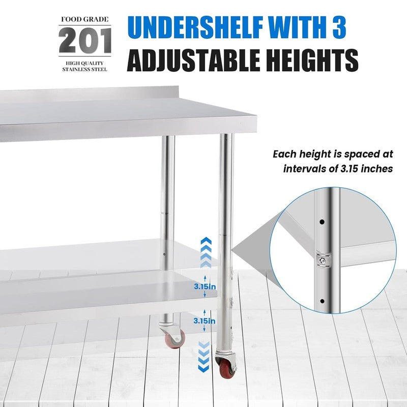Stainless Steel Prep Work Table 24x30 w/ Backsplash Wheels Adjustable Shelf6