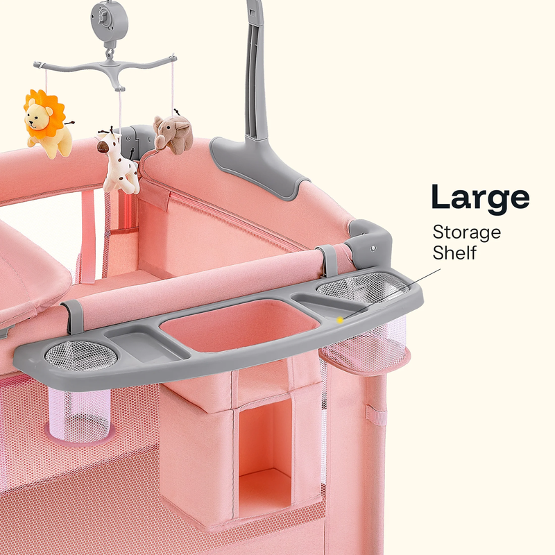 5 in 1 Baby Playard with Bassinet & Changing Table for Newborn, Pink8
