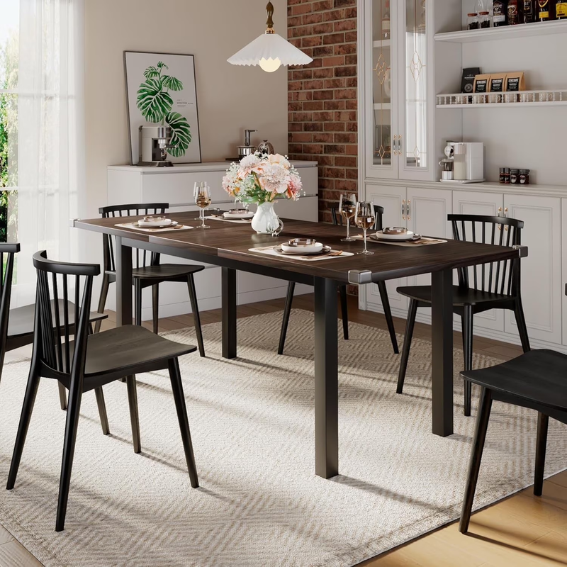 63" Extendable Dining Table for 4 8, Square Wooden Dining Room Table with Metal 0