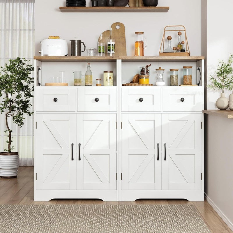 Farmhouse White Storage Cabinet with Doors and Drawers, Freestanding Kitchen Pan4