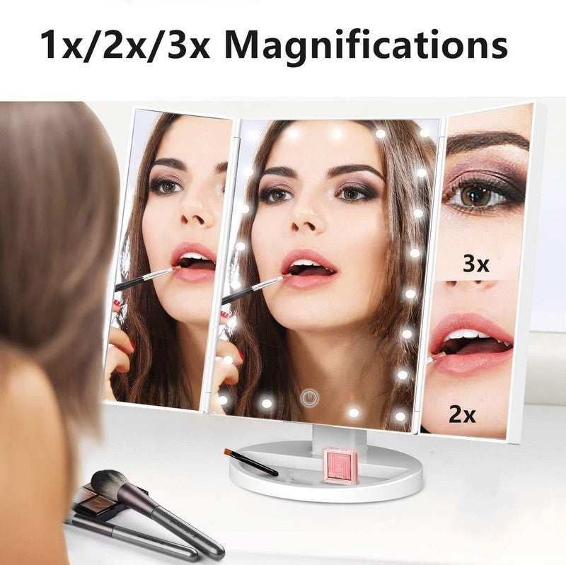 Tri Fold Lighted Vanity Mirror with 3X/2X Magnification & Touch Screen White6