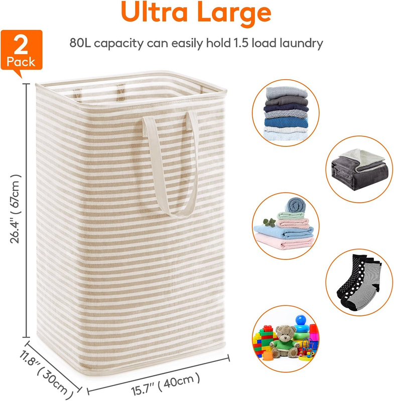 2 Pack 80L Laundry Basket Collapsible Waterproof Reinforced Handles Beige2