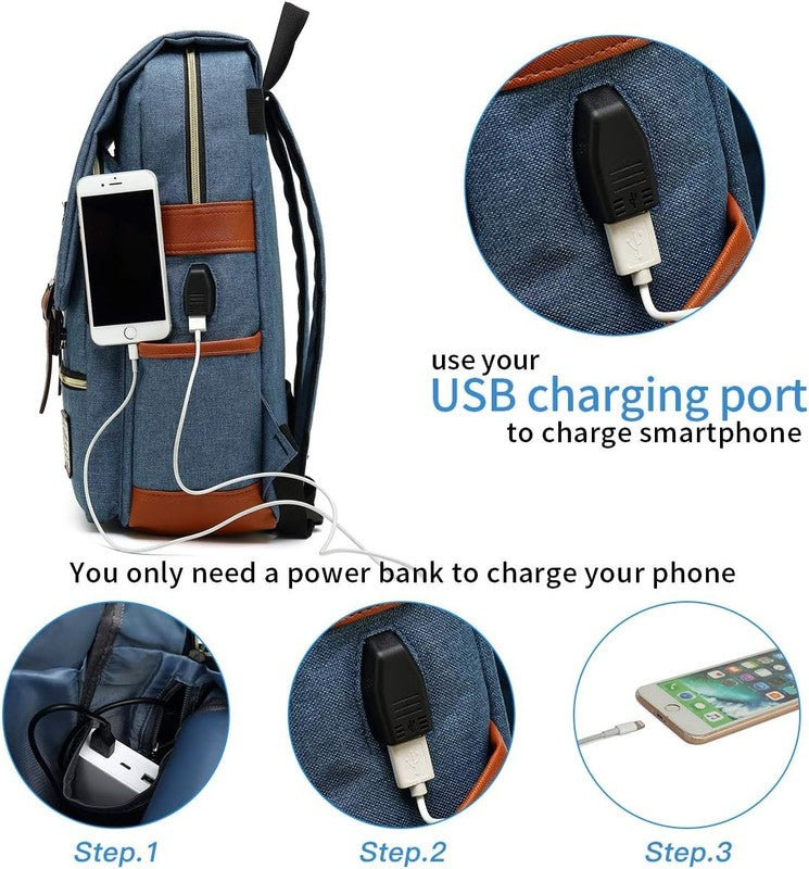 Vintage Laptop Backpack USB Charging Slim 15.6" Travel College Blue2