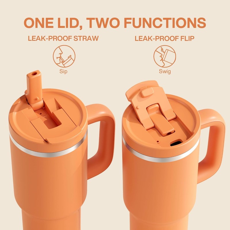 Insulated 40 Oz Stainless Steel Tumbler with Handle & Straw   Leakproof Orange3
