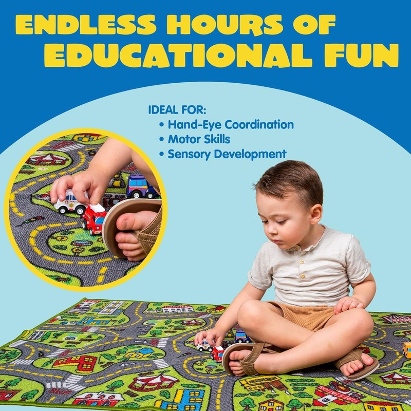 Kids Play Rugs - 12 Pull-Back Vehicle Set - Durable Carpet Playmat Rug - City Pr3