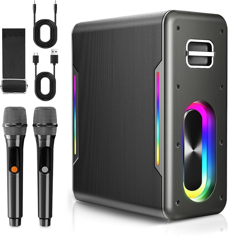 Karaoke Machine w/ 2 Wireless Mics Bluetooth LED DSP TF Card USB AUX8