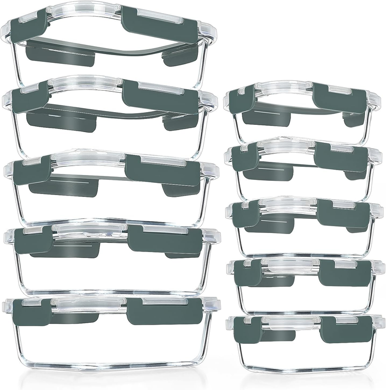 10 Pack Airtight Glass Meal Prep Containers Stackable Lids Grey9