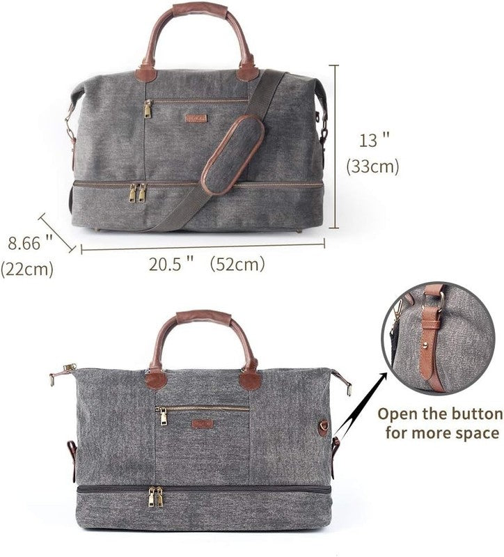 Canvas Weekender Duffle Bag Grey Carry On Travel Tote w/ Shoe Pouch1