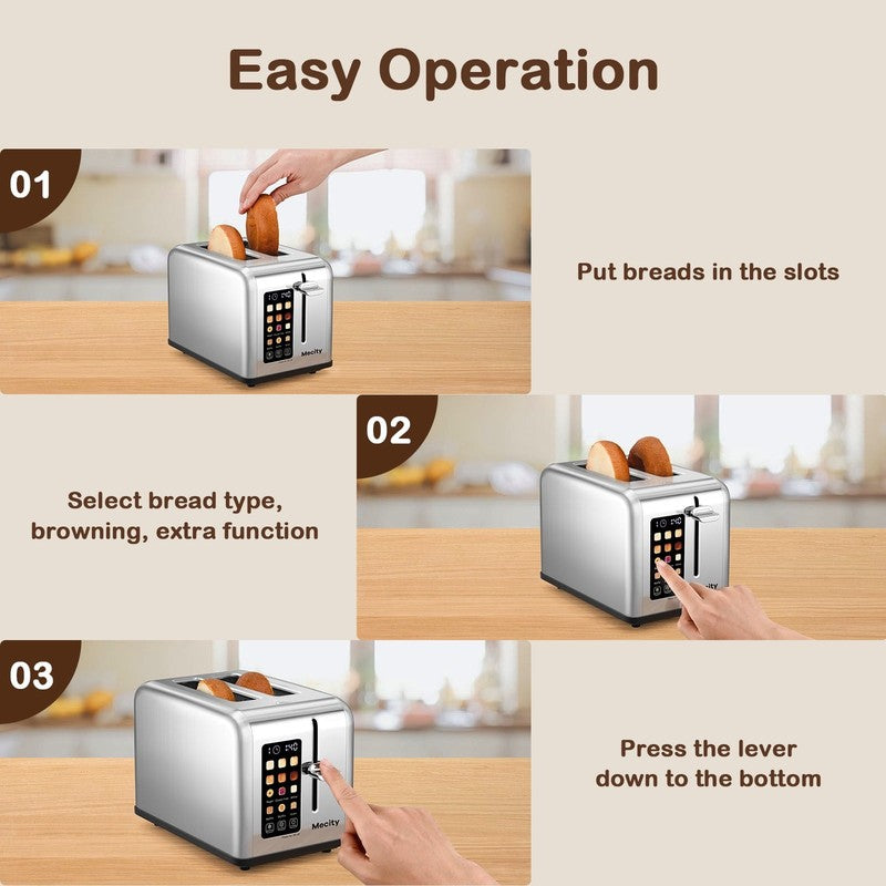 2 Slice Touchscreen Toaster, Stainless Steel, 6 Shade Settings, Reheat, Cancel, 4