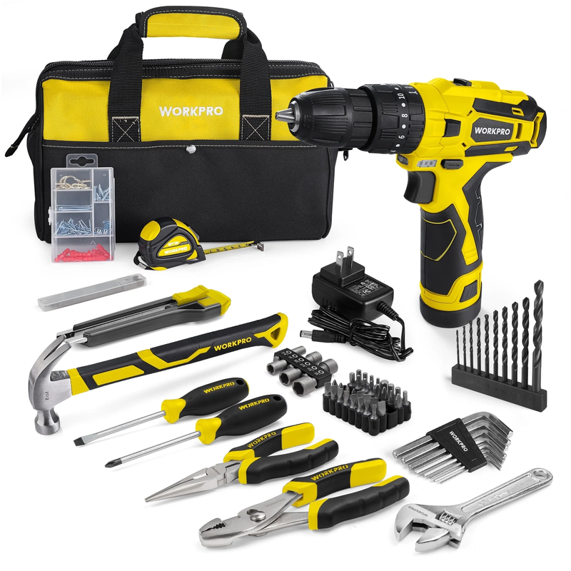 12V Cordless Drill Power Tool Set 177-Pc Combo Kit Yellow Storage Bag & Battery8