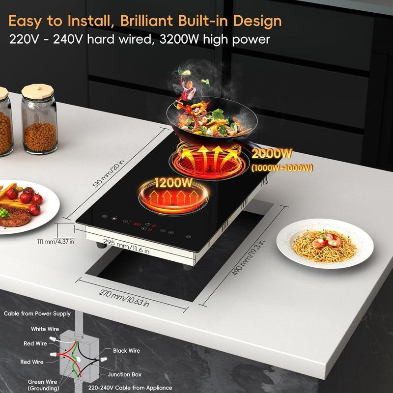 Electric Cooktop 2 Burner, 3200W Radiant Electric Stove Top 240V with Built-In D3