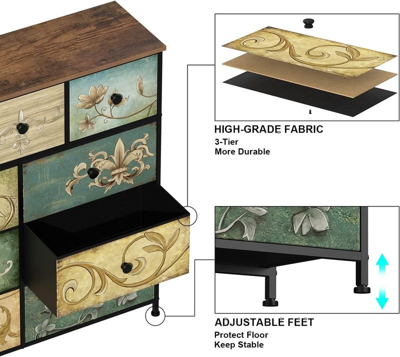 9 Drawer Fabric Dresser Retro Floral Chest Storage Organizer for Bedroom Closet6