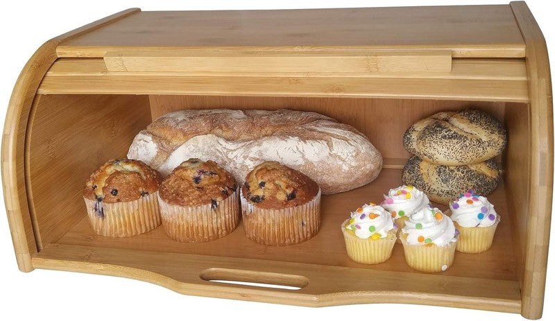 Large Wooden Bread Box Bamboo Roll Top Bread Storage Kitchen Counter Organizer3