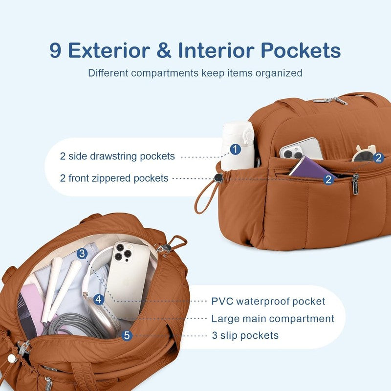 Travel Duffel Bag Women Puffer Gym Weekender Wet Pocket Carry On Brown5