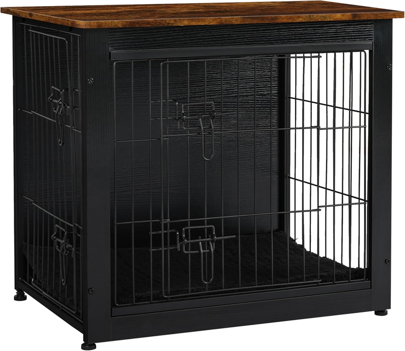 Dog Crate Furniture Table w/Cushion Wooden Kennel Double Door 27.2" Black/Brown0