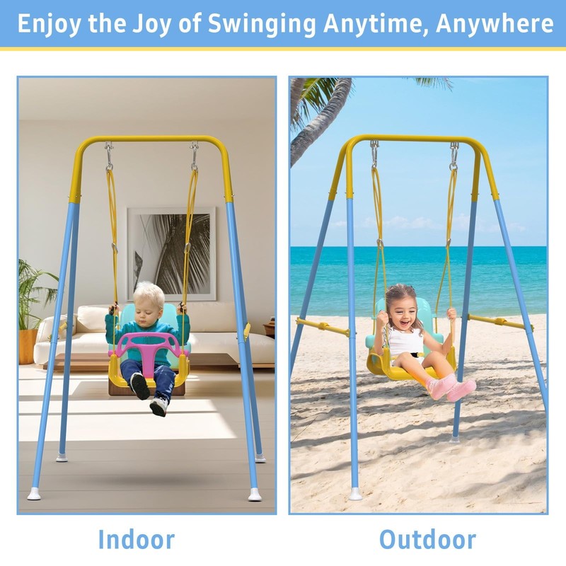 Foldable Baby Swing Set for Backyard, Indoor/Outdoor Toddler Swing Yellow & Blue3