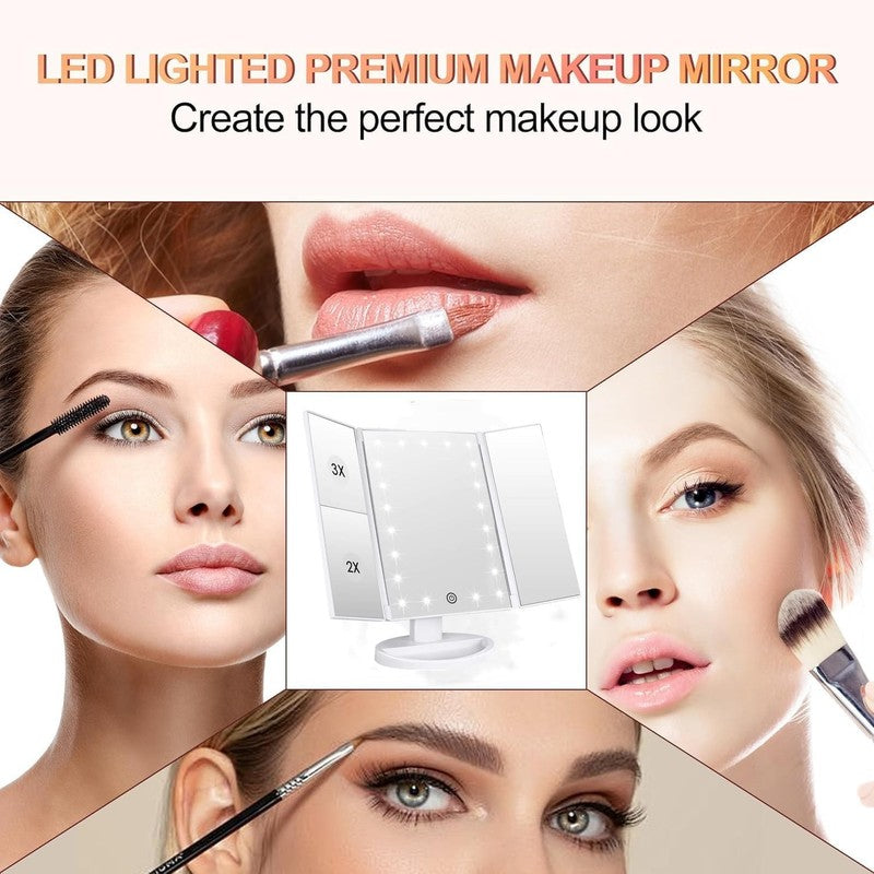 Tri Fold Lighted Vanity Mirror with 3X/2X Magnification & Touch Screen White4