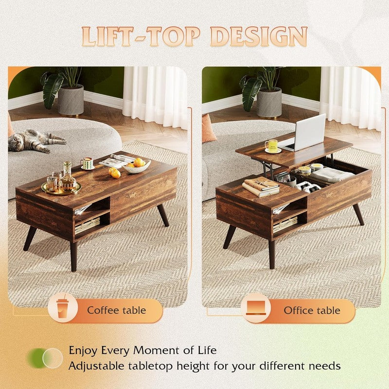 Lift Top Coffee Table w/ Storage Adjustable Shelf Mid Century Rustic Brown6