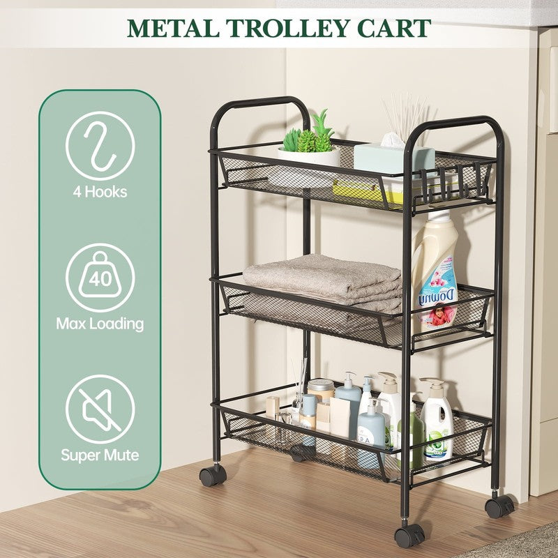 3 Tier Slim Mesh Rolling Storage Cart Black, Metal Organizer for Narrow Spaces6