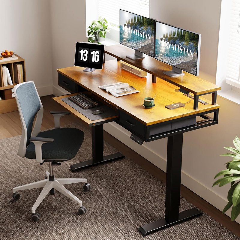 Electric Standing Desk with Drawers & Keyboard Tray, 55 Inch Height Adjustable G1