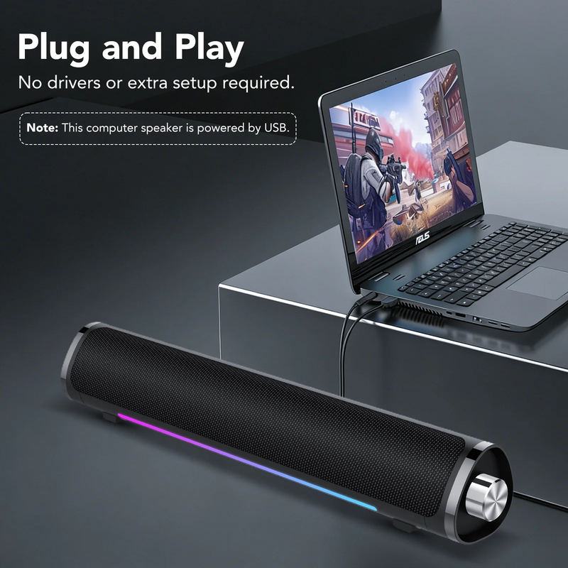 Bluetooth Computer Sound Bar USB Powered 3.5mm PC Speakers RGB LED Bass6