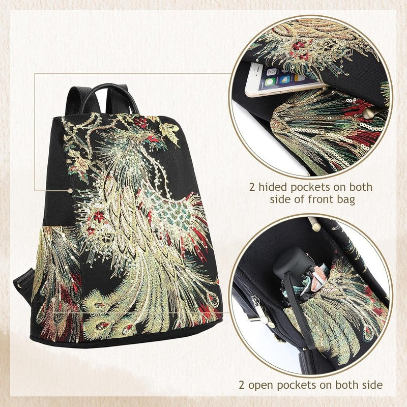 Women Glitter Embroidery Backpack Canvas Anti Theft Travel Shoulder Bag Black5