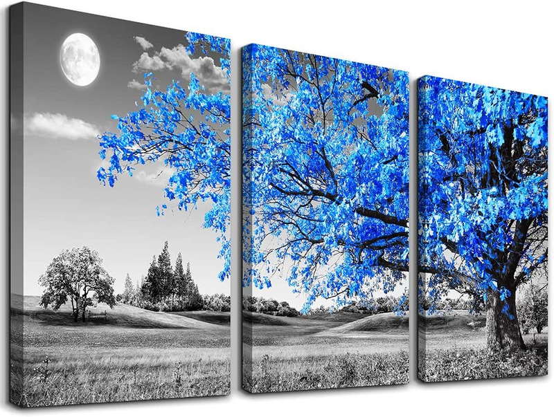 Black and White Blue Tree Moon Canvas Wall Art Set for Home Decor 12"x16"7