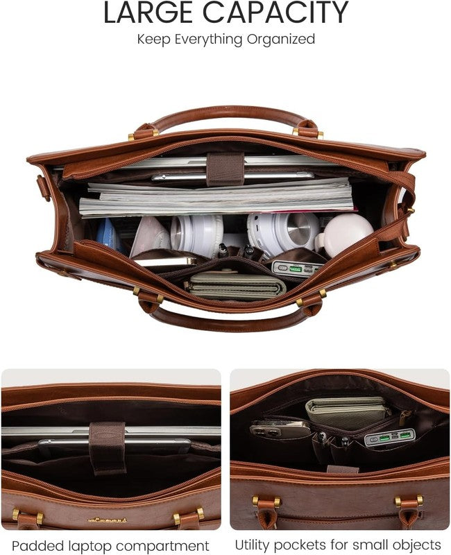 15.6" Laptop Tote Bag for Women Vintage Leather Waterproof Briefcase Brown3