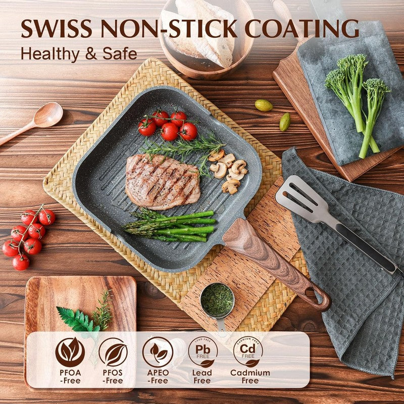 Nonstick Grill Pan for Stove Tops, Versatile Griddle with Pour Spouts, Square Bi1