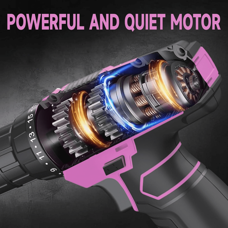 12V Cordless Drill Set 21+1 Torque LED 3/8" Keyless Chuck Battery & Charger Pink7