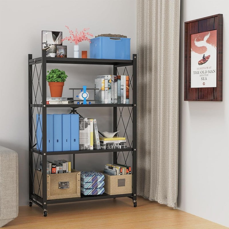 4 Tier Foldable Storage Shelf w Wheels Metal Rolling Rack for Kitchen Pantry1