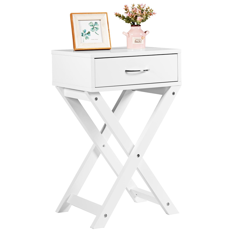 Modern Versatile Nightstand X-Shape Wooden Table with Drawer for Bedroom White9