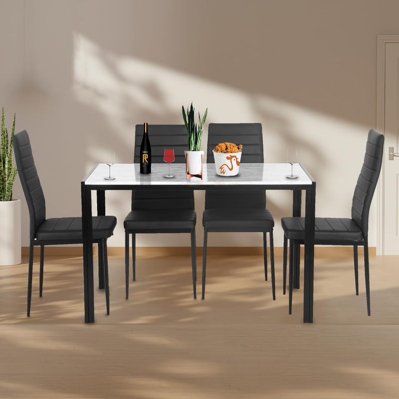 Dining Table Set 4 White Marble Kitchen Table Chairs Modern Space Saving1