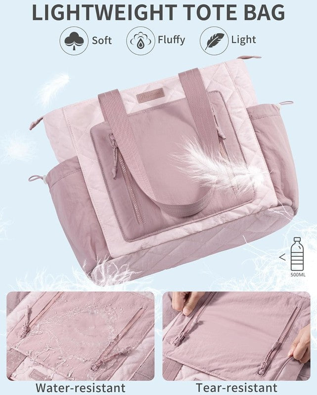 Women’s Puffer Tote Bag Lightweight Quilted Shoulder Handbag Work Laptop Pink2