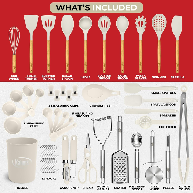 50PC Silicone Kitchen Utensil Set Heat Resistant Nonstick Wooden Handles1