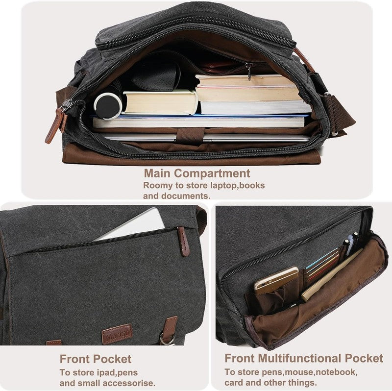 Canvas Messenger Bag 15.6" Laptop Satchel Shoulder Bag Business Unisex Black2