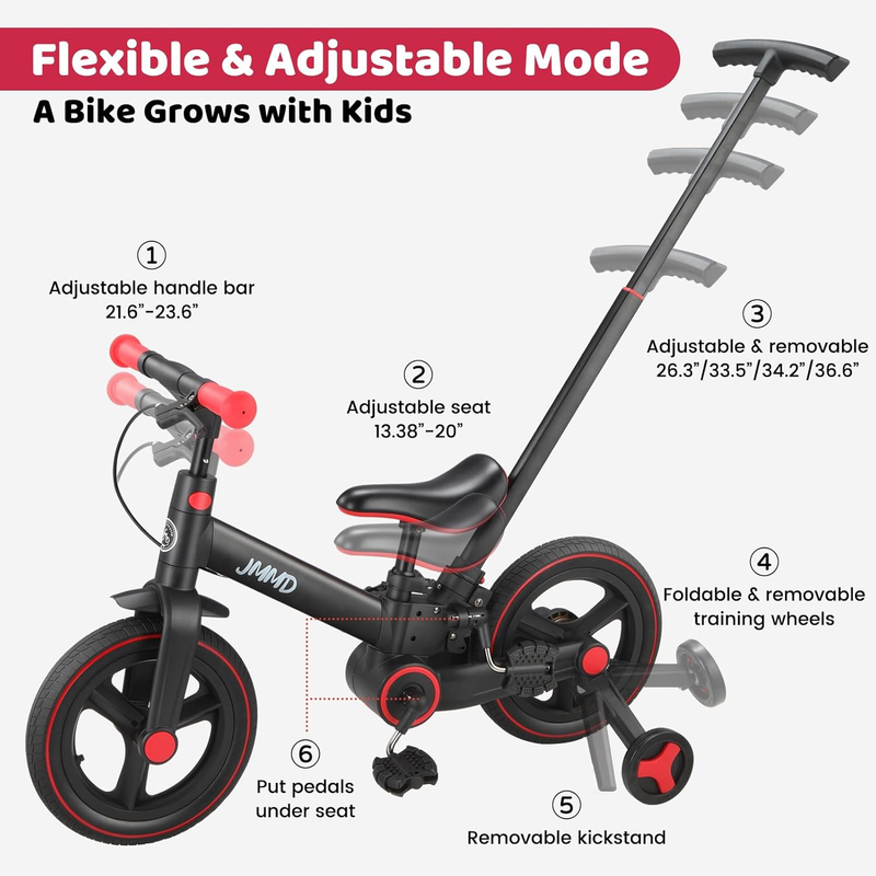 6-in-1 Toddler Bike 12" Balance Bike Push Handle Training Wheels Kids3