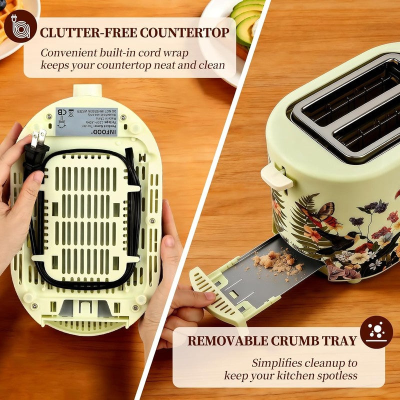 Retro 2 Slice Toaster Floral 6 Settings Wide Slots Warming Rack 750W5
