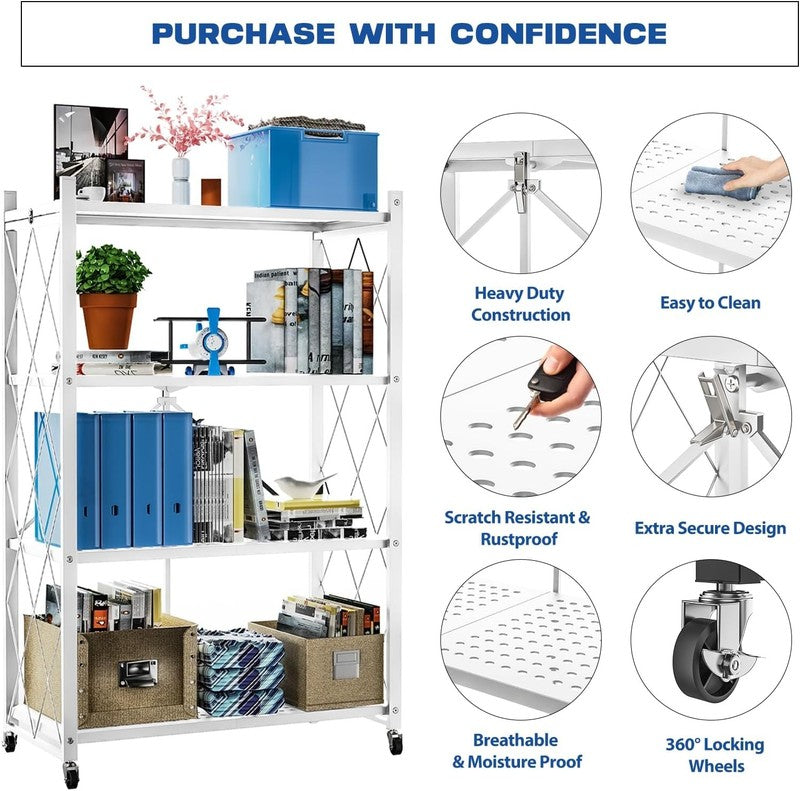 4 Tier Foldable Storage Shelf w Wheels Metal Rolling Rack Kitchen Pantry Office3