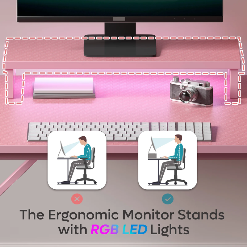 42" LED Gaming Desk PC Computer Table w/ Monitor Stand Pink5