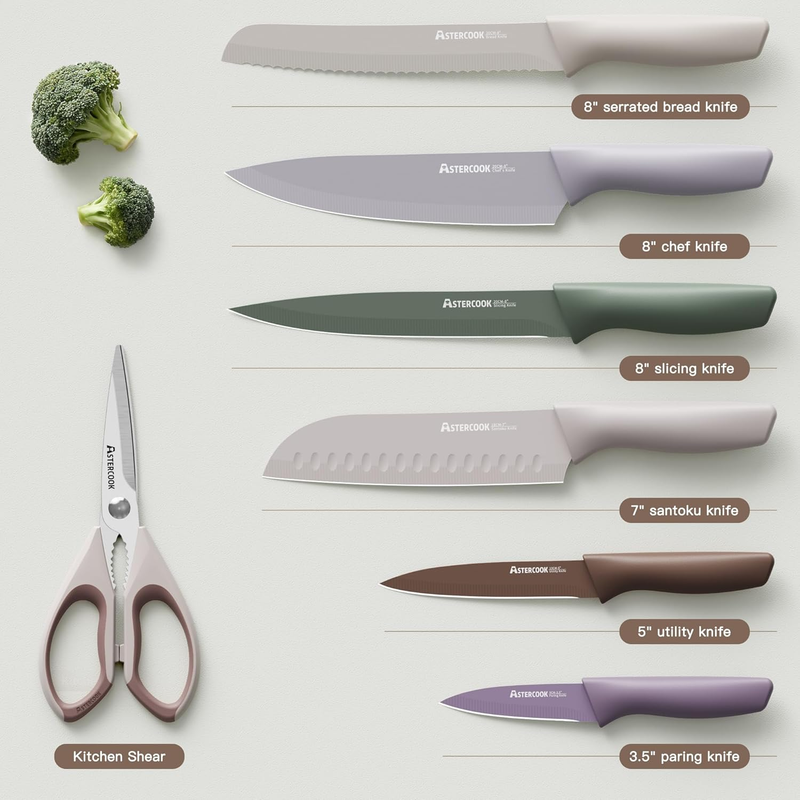 13pc Knife Set Stainless Steel Kitchen Knives w/ Blade Guards Morandi5