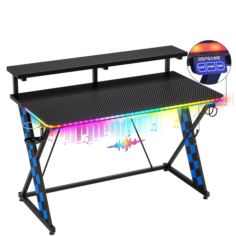 43" X-Shaped Gaming Desk with Music Sync LED, Monitor Stand Black Racing10
