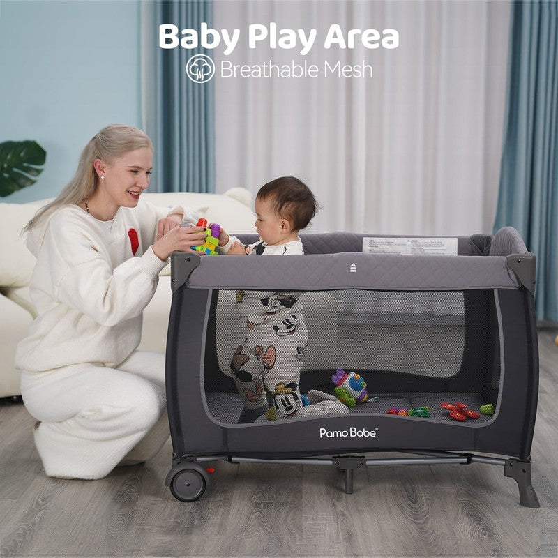 Unisex Portable Baby Play Yard Grey w/ Wheels Canopy Changing Table Newborn6