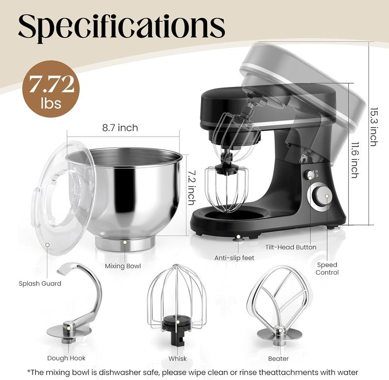 800W Stand Mixer 5.3QT 6-Speed w/ Pulse Dough Hook Whisk Beater6