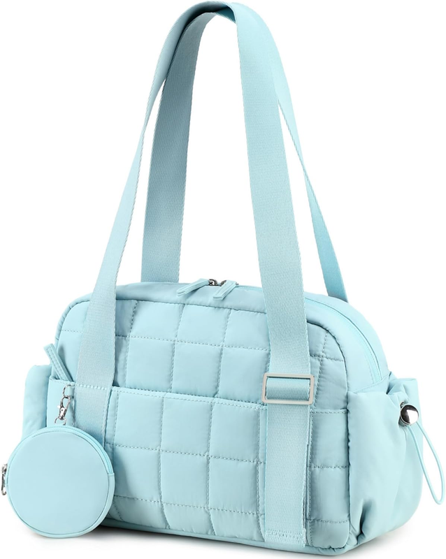 Mini Gym Bag Women Quilted Duffel Wet Compartment Coin Purse Blue 12.6"10